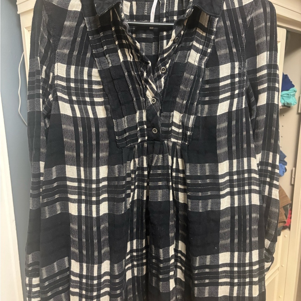 Free People Black and White Babydoll Plaid Top